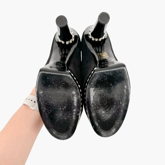 Chanel Platform Pearl Pumps EU 41 US 10-10.5 Black Suede Leather Cap Toe Heel - Picture 9 of 12